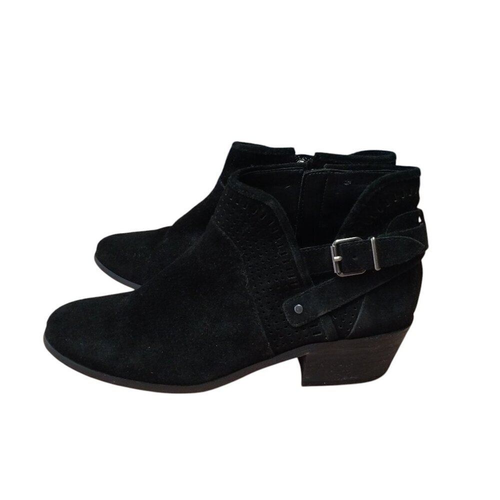 Vince Camuto Size 9.5M Pralata Buckle Ankle Boots Booties Black Suede Stack Heel